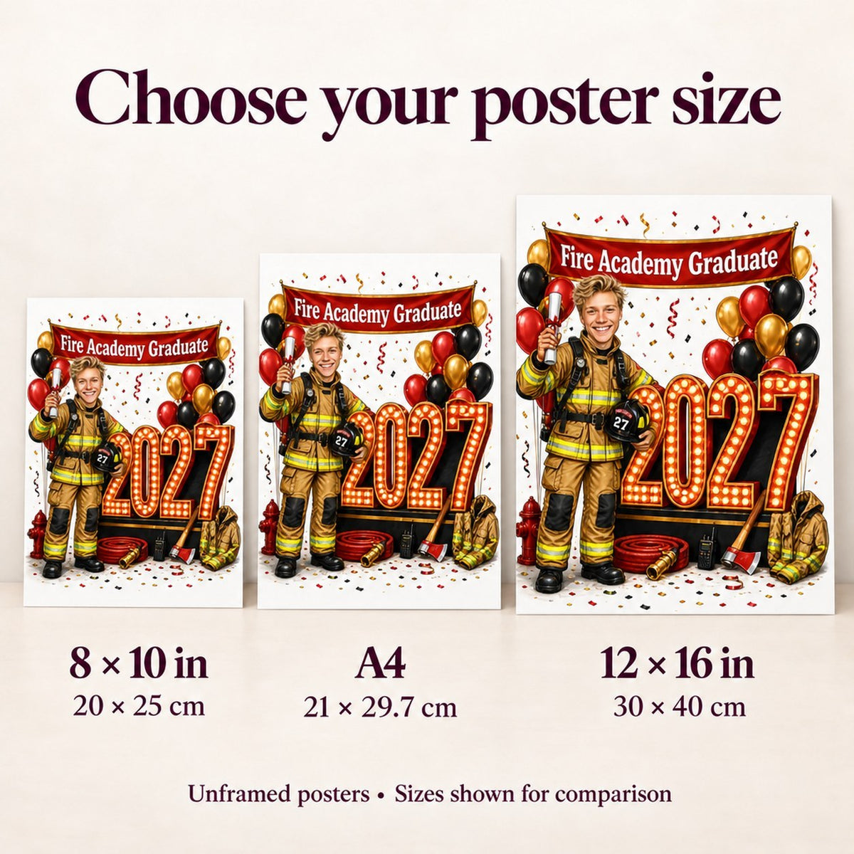 8x10 and 12x16 posters shown beside A4 sheet for easy size comparison.