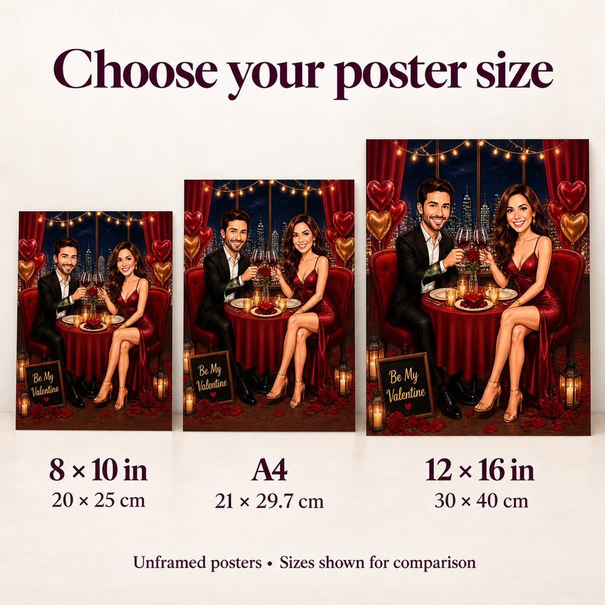 Posters 8x10, A4, 12x16 inches compared beside a 5x7 card.