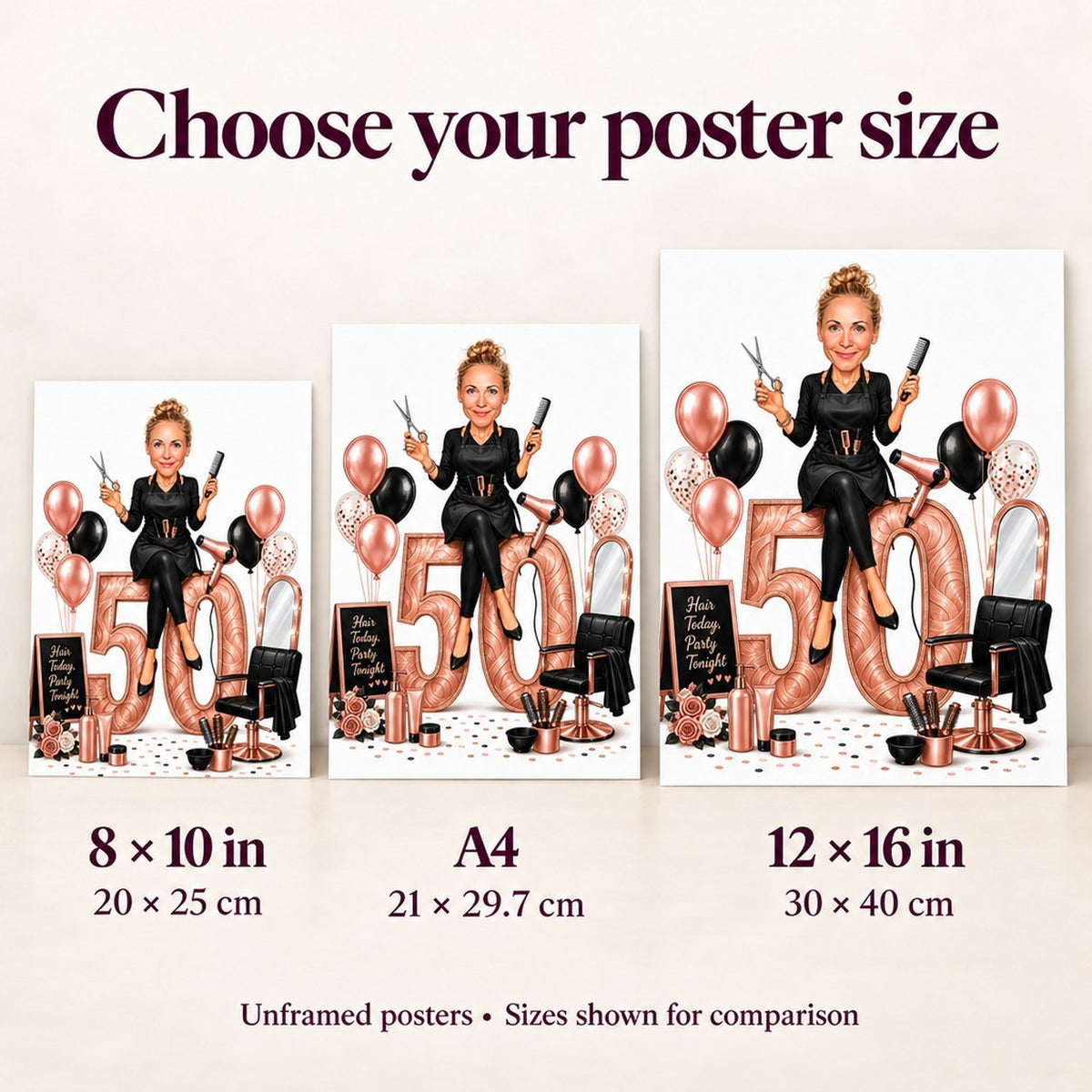 Poster size comparison showing 8x10, A4, and 12x16 next to a person.
