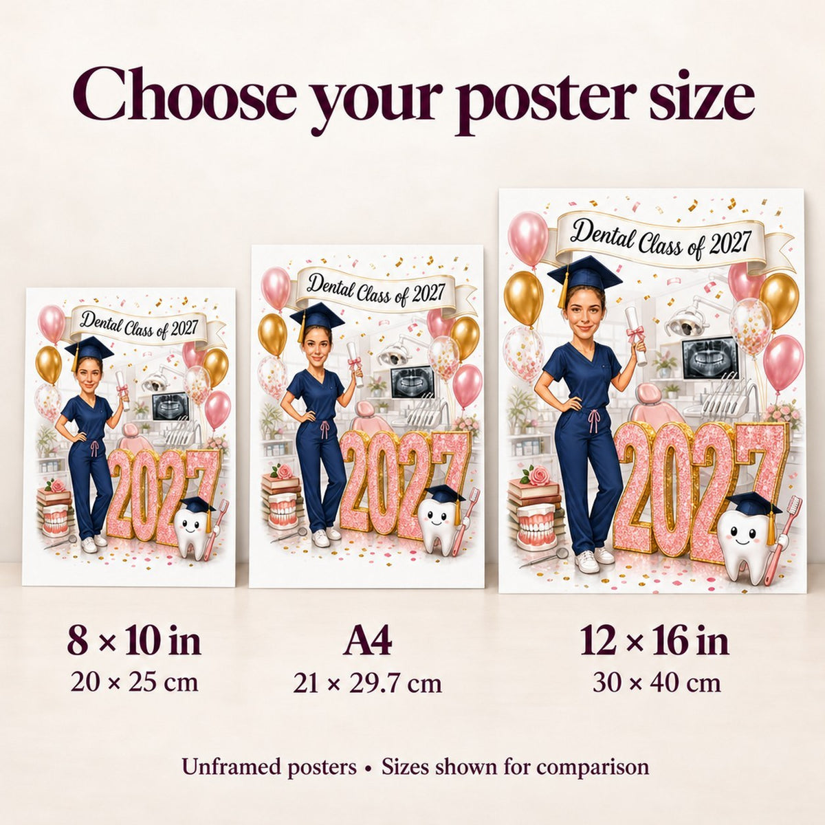 Poster size comparison in 8x10, A4, and 12x16 inches beside person.