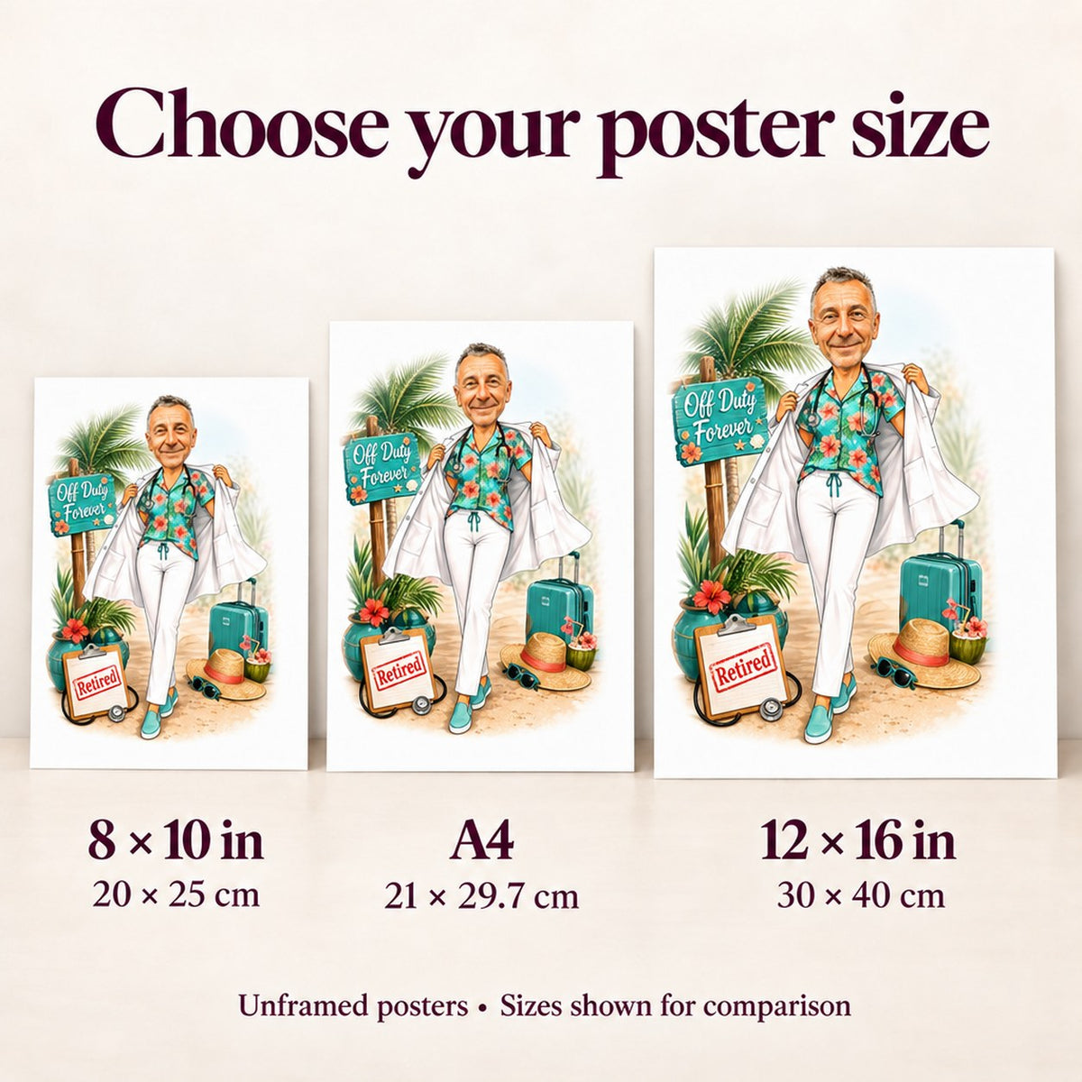 Poster size comparison showing 8x10, A4, and 12x16 retired doctor cartoon prints.