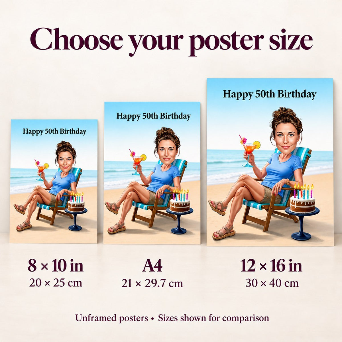 8x10, A4, and 12x16 poster sizes shown on wall for scale.