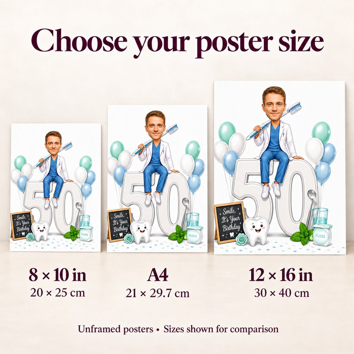 Poster size comparison of 8x10, A4, and 12x16 beside a 5x7 card