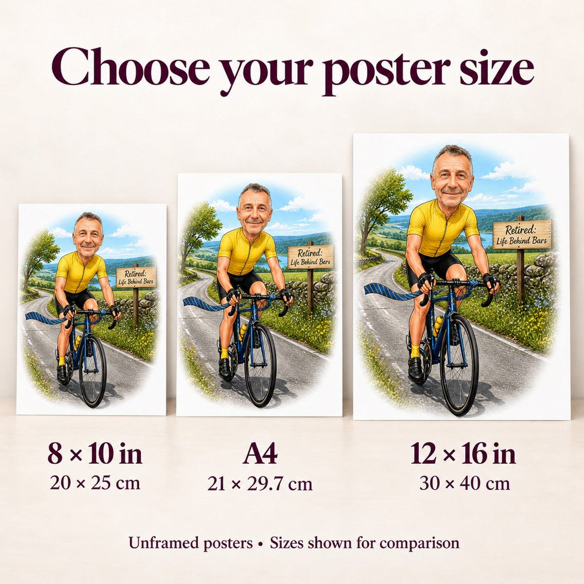 Unframed poster size comparison: 8x10, A4, and 12x16 inches against a living room wall.