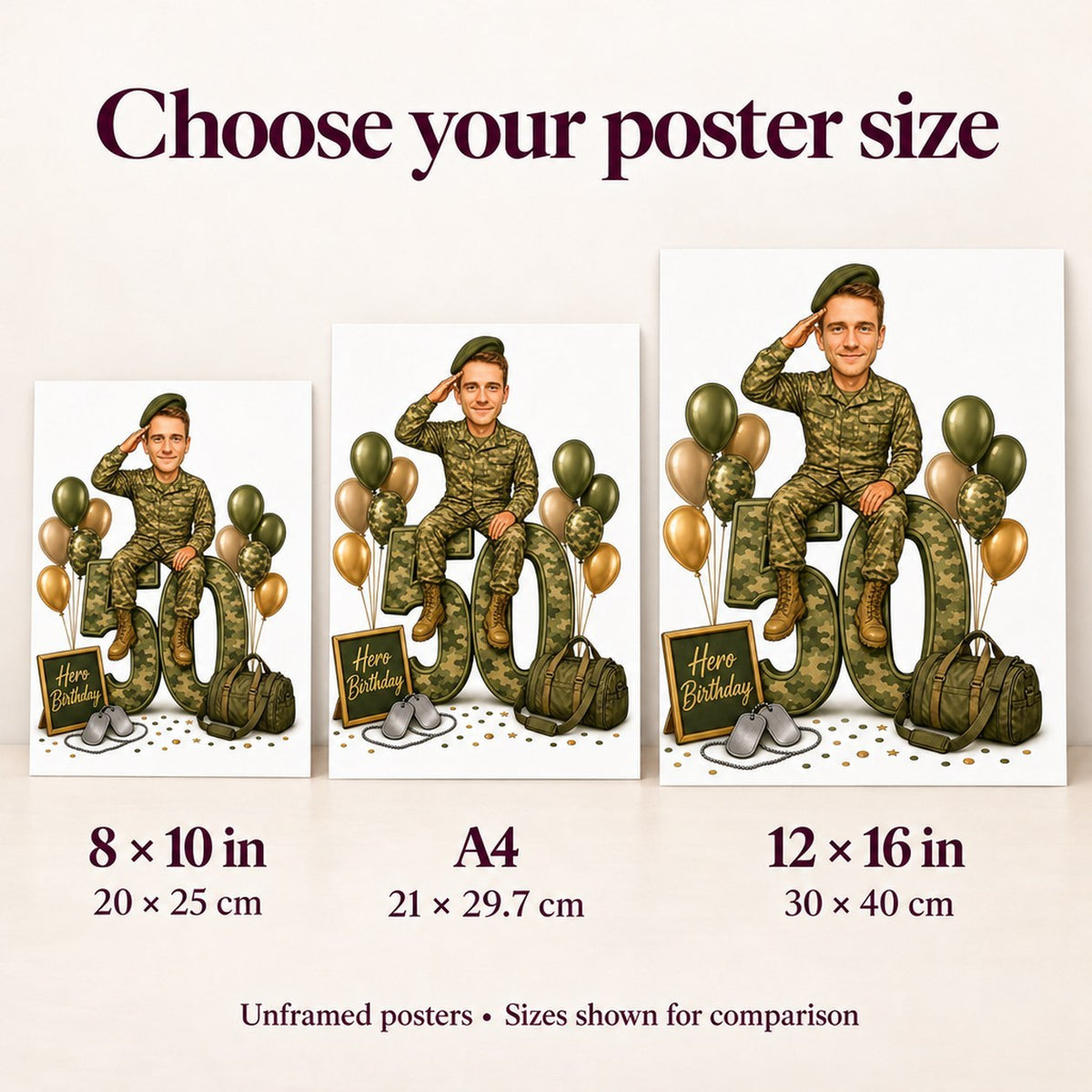 8x10, A4, and 12x16 poster size comparison on living room wall.
