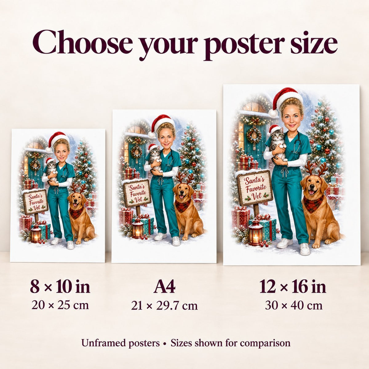 Posters 8x10, A4, and 12x16 inches shown together for size comparison.