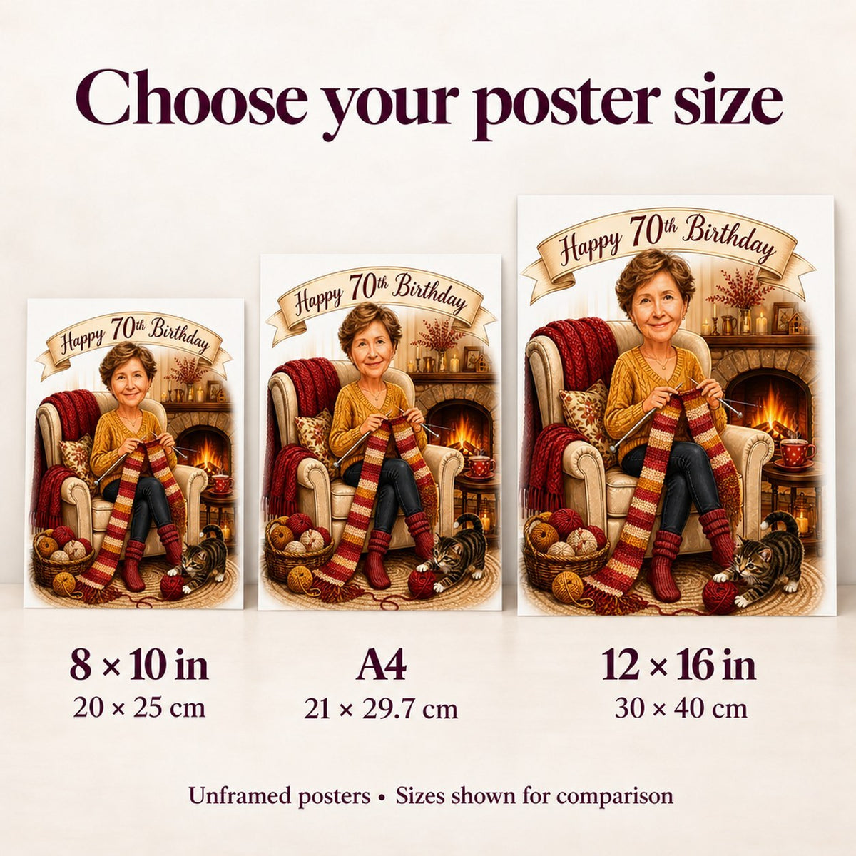 8x10, A4, and 12x16 poster sizes compared against sofa wall