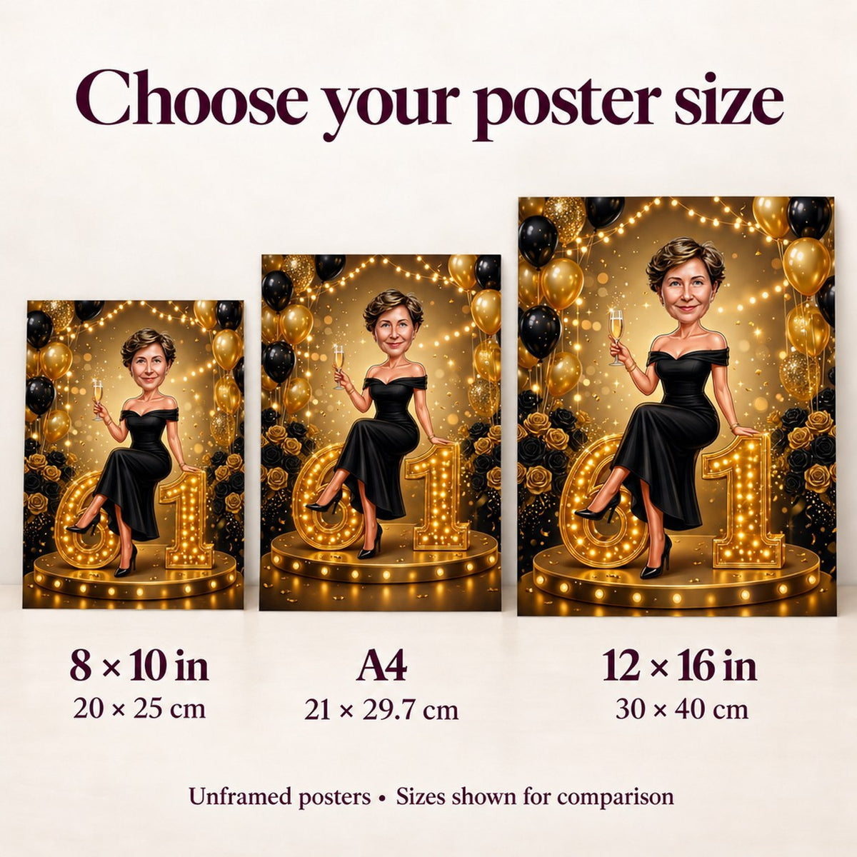 Poster size comparison showing 8x10, A4, and 12x16 prints on a living room wall.