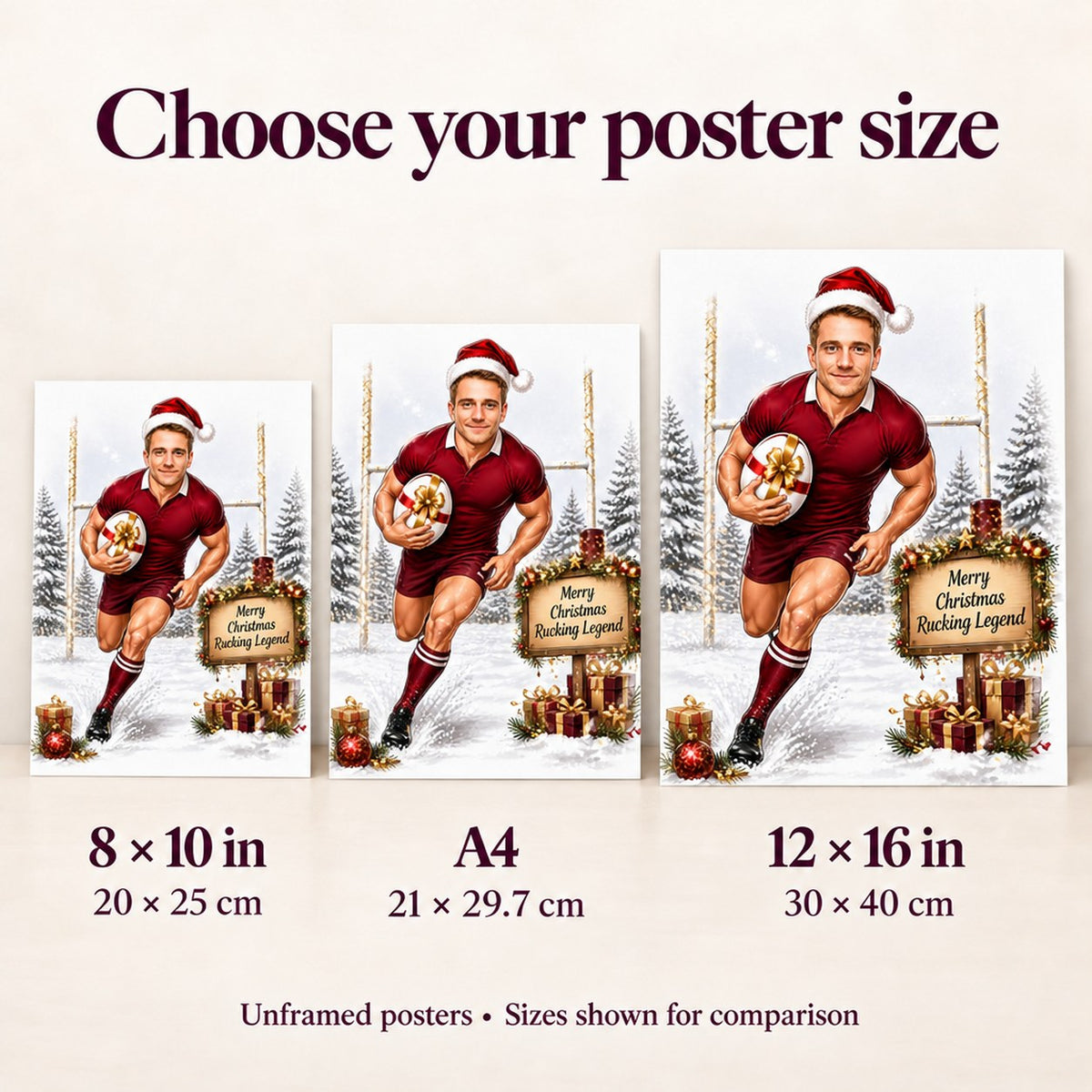 Poster size comparison showing 8x10, A4, and 12x16 inches on wall