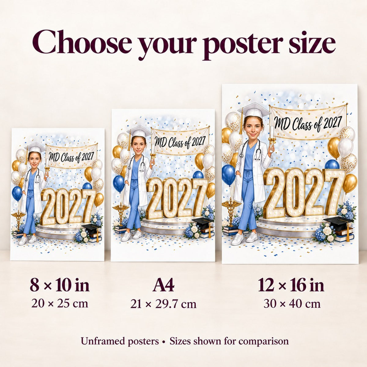 Poster size comparison showing 8x10, A4, and 12x16 medical graduation caricature prints side by side.