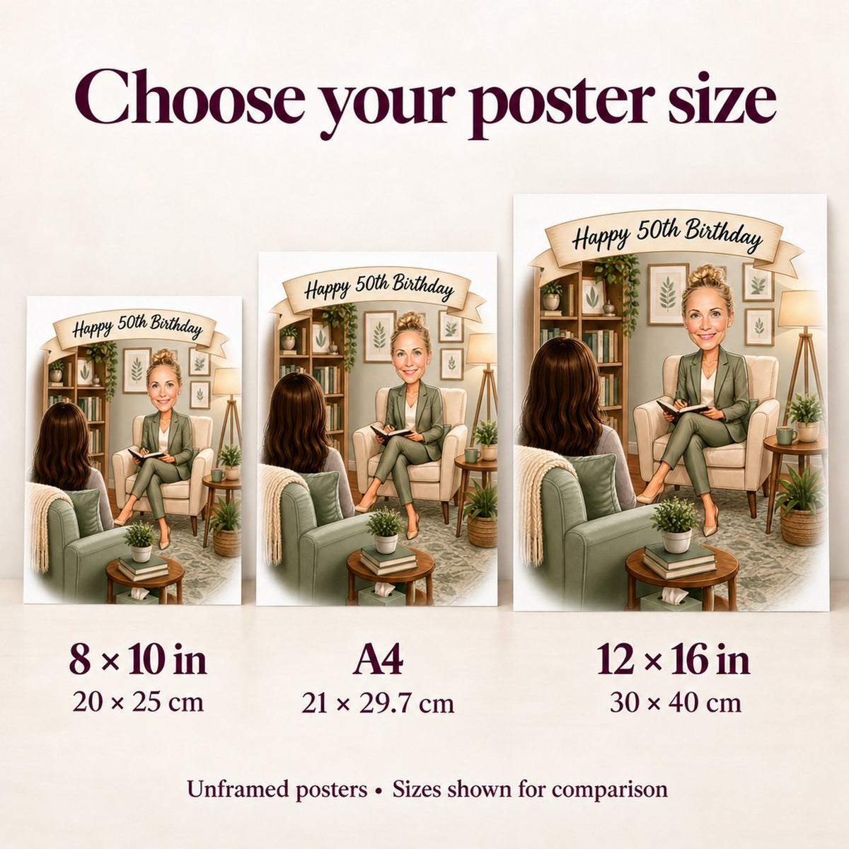 Poster size comparison showing 8x10, A4 and 12x16 psychologist cartoon.