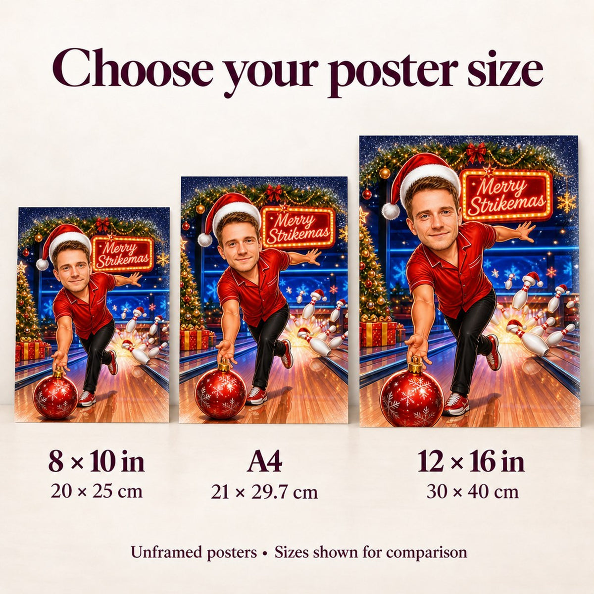 Poster size comparison showing 8x10, A4, and 12x16 prints on a wall
