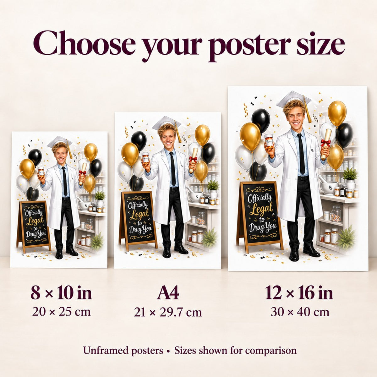 Poster size guide comparing 8x10, A4, and 12x16 pharmacy caricature prints.