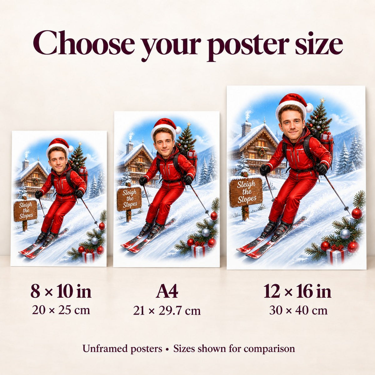 Poster size comparison: 8x10, A4, and 12x16 shown on wall.