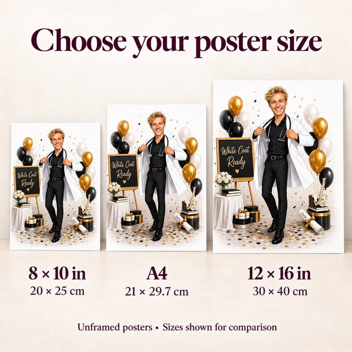 Poster sizes compared: 8x10, A4, and 12x16 inch options held side by side.