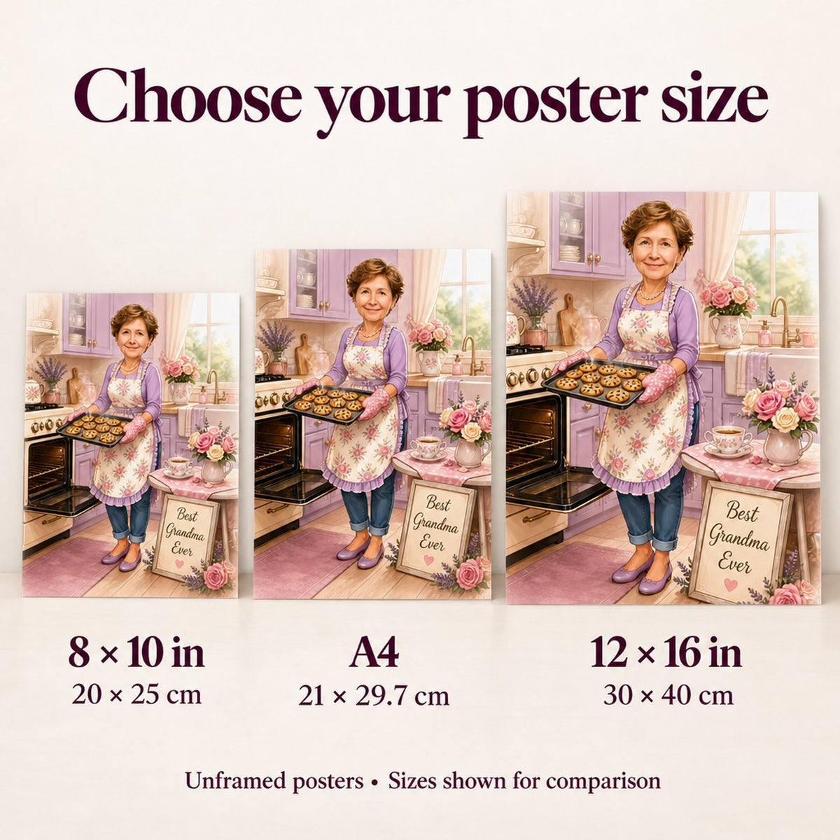 8x10, A4, and 12x16 matte posters compared side by side for scale in room.
