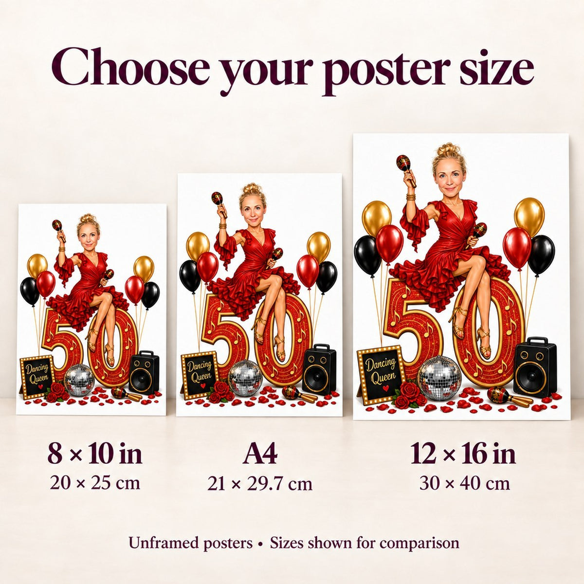 Poster size comparison of 8x10, A4, and 12x16 against living room wall.