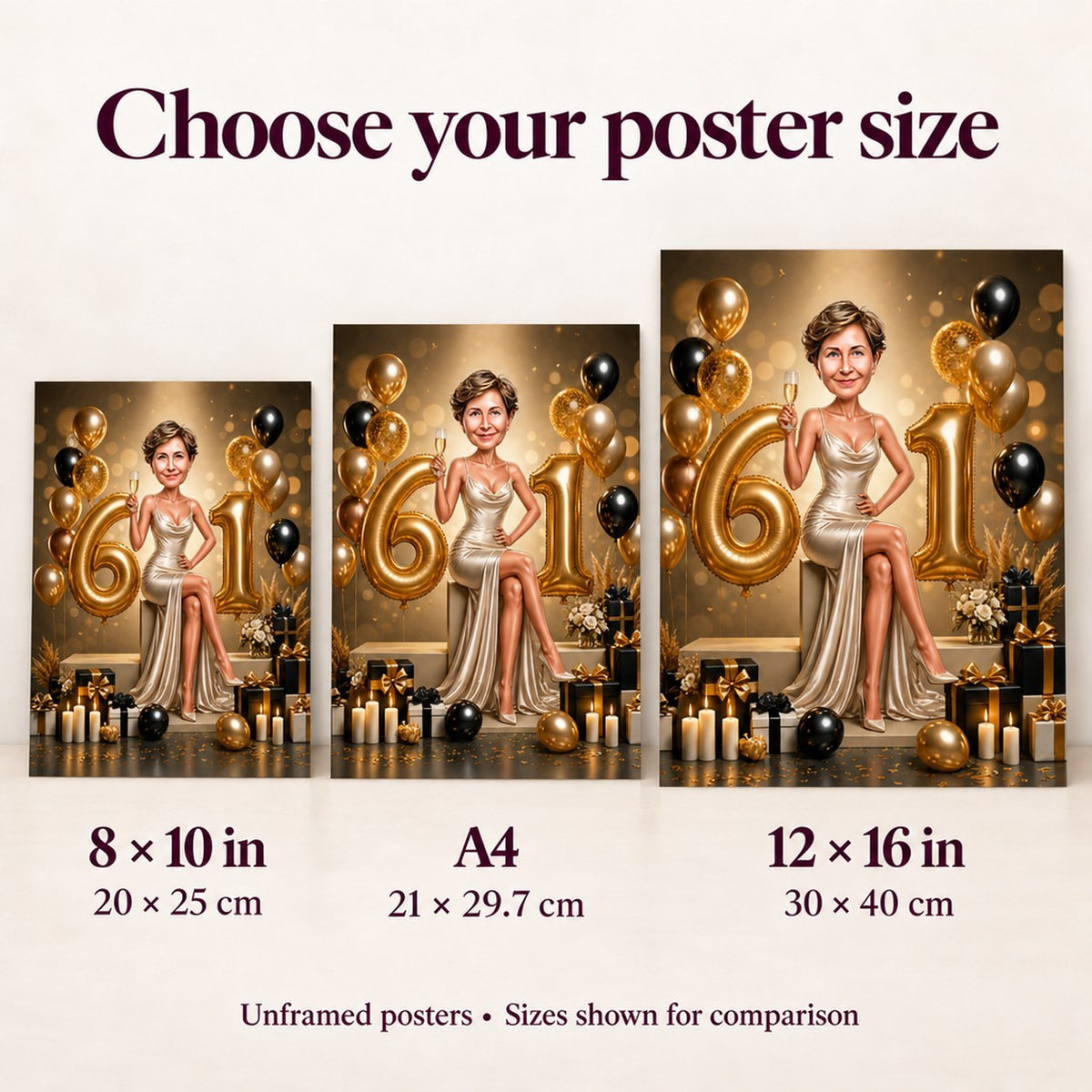 Poster sizes 8x10, A4, and 12x16 inches shown side by side.