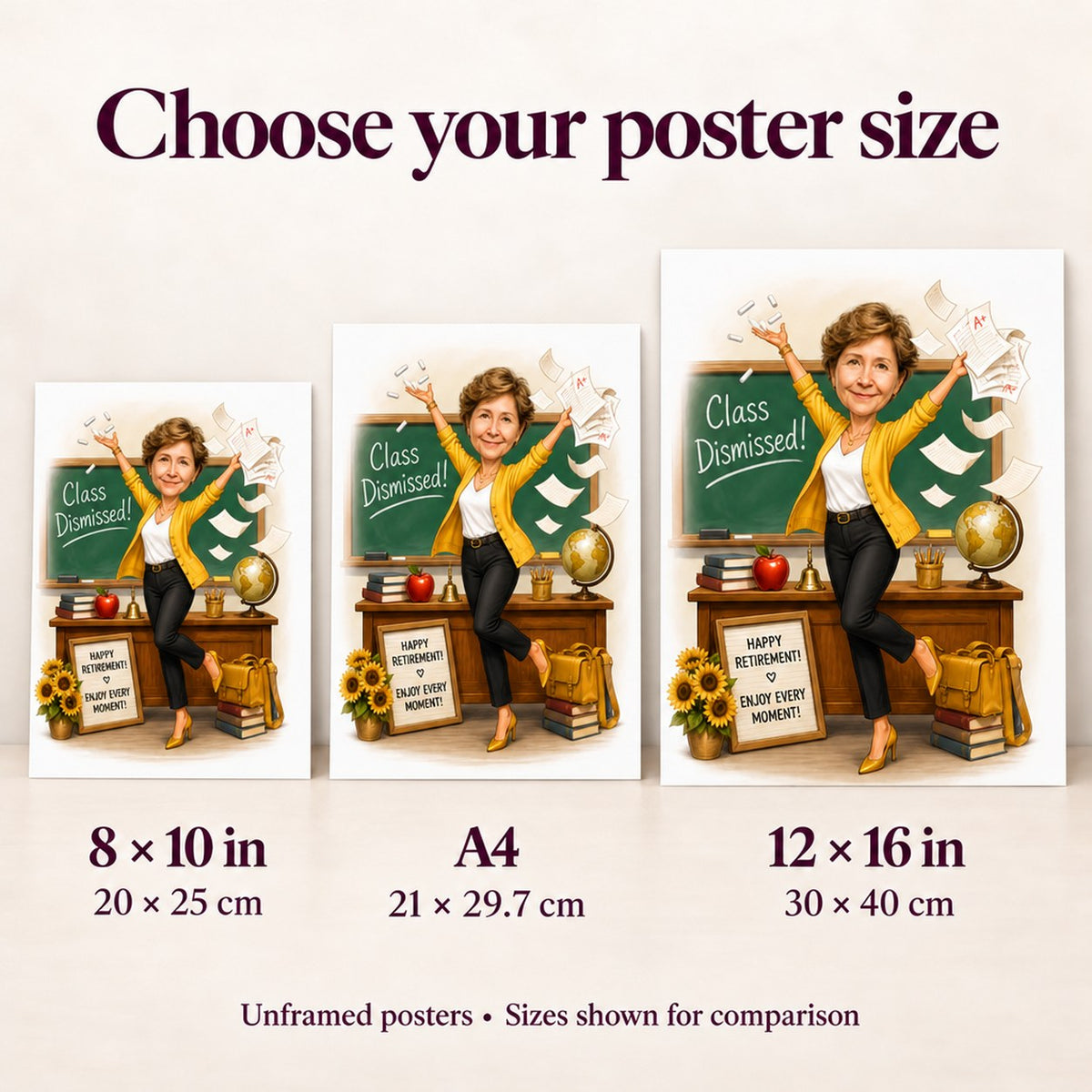 8x10, A4, and 12x16 poster size comparison next to common home objects.