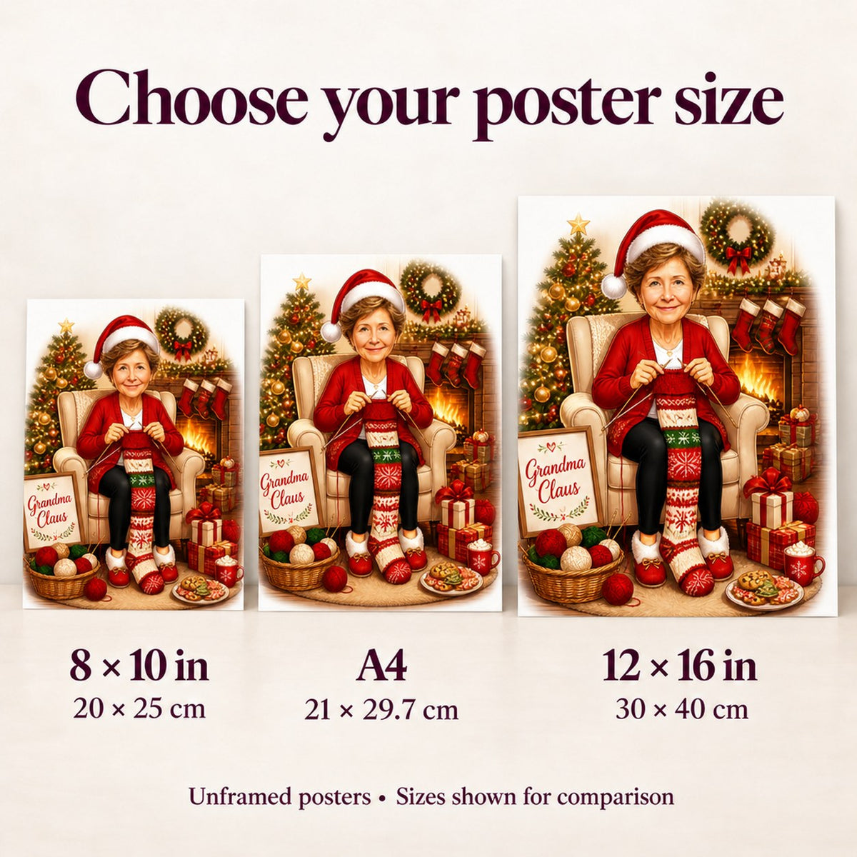 8x10, A4, and 12x16 poster sizes compared on a living room wall.