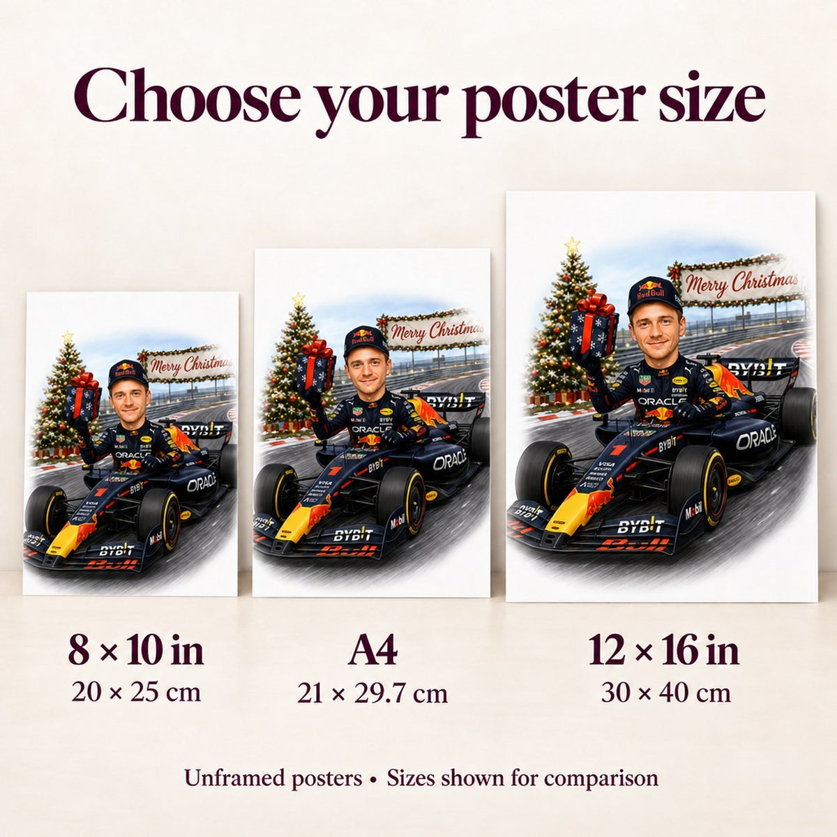 Poster size guide showing 8x10 in, A4, and 12x16 in compared on a wall.