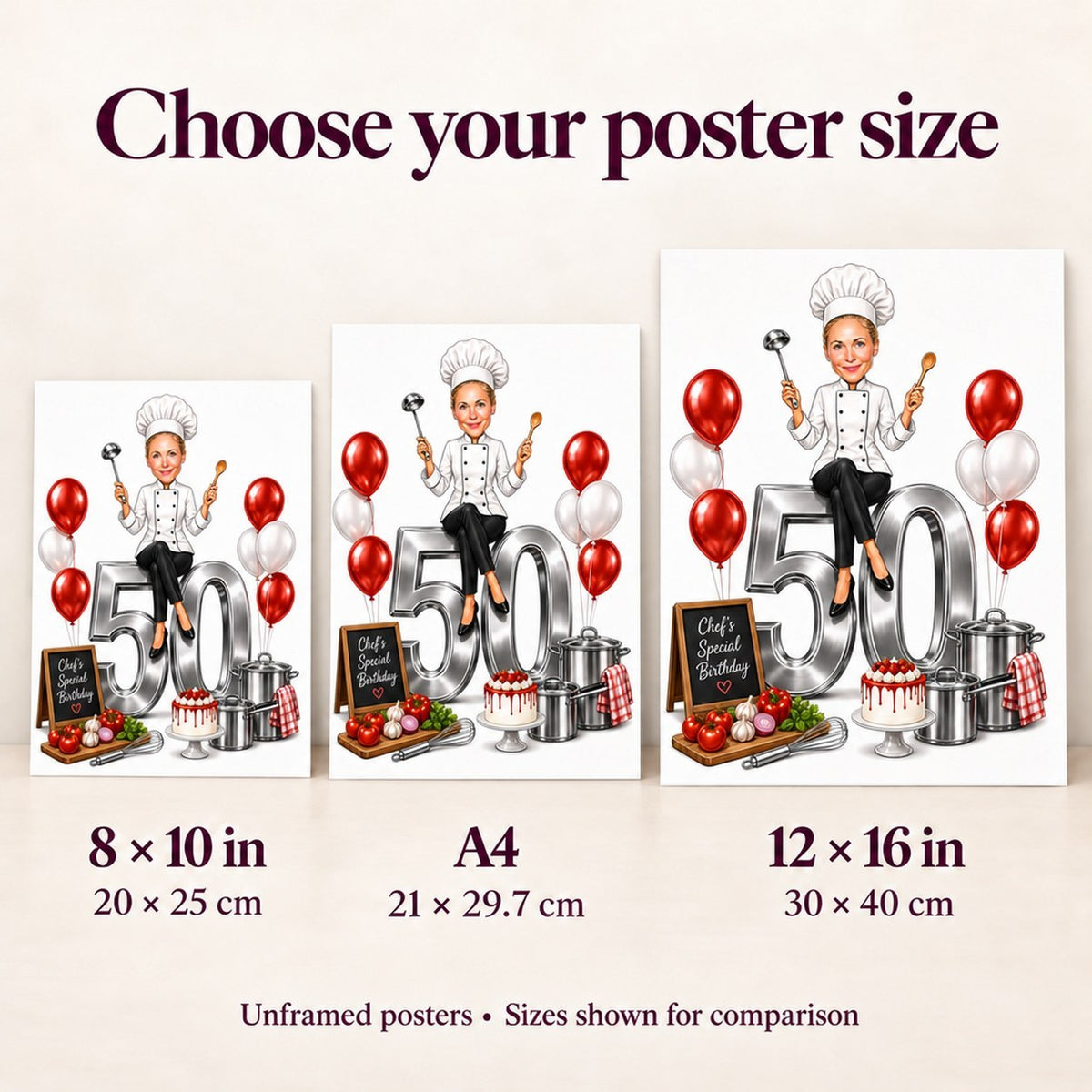 8x10, A4, and 12x16 posters shown side by side for scale on wall.