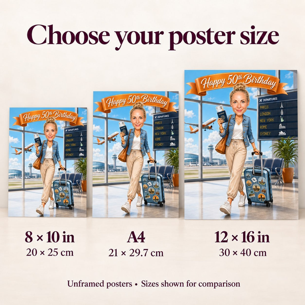 Poster size comparison featuring 8x10, A4, and 12x16 inches on a wall.