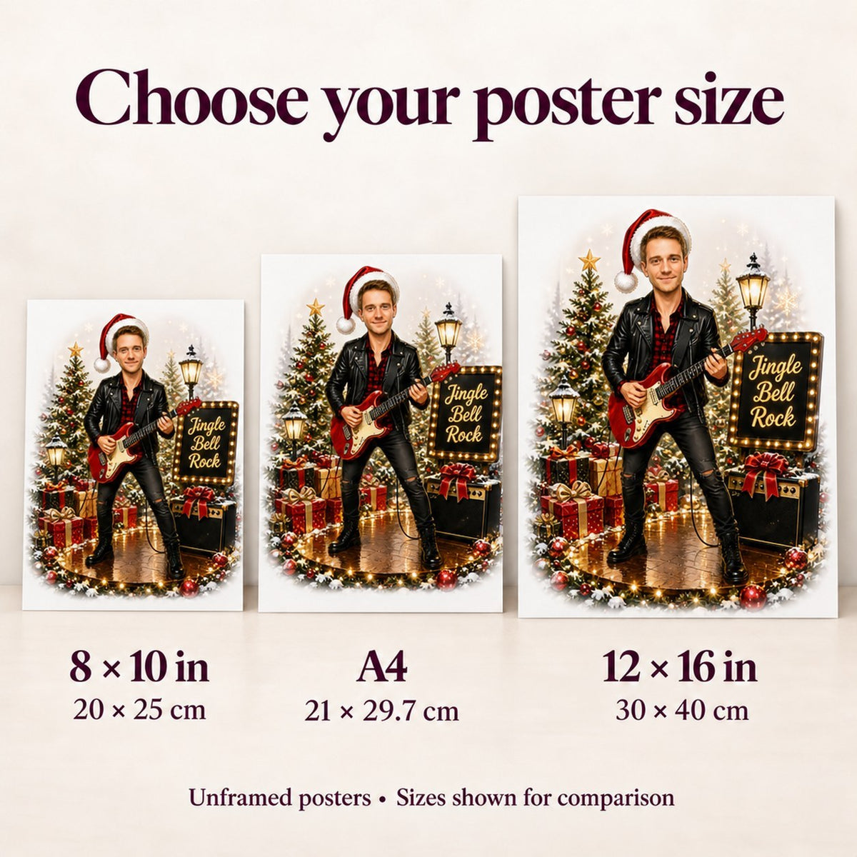 Poster sizes compared: 8x10 inch, A4, and 12x16 inch on wall.