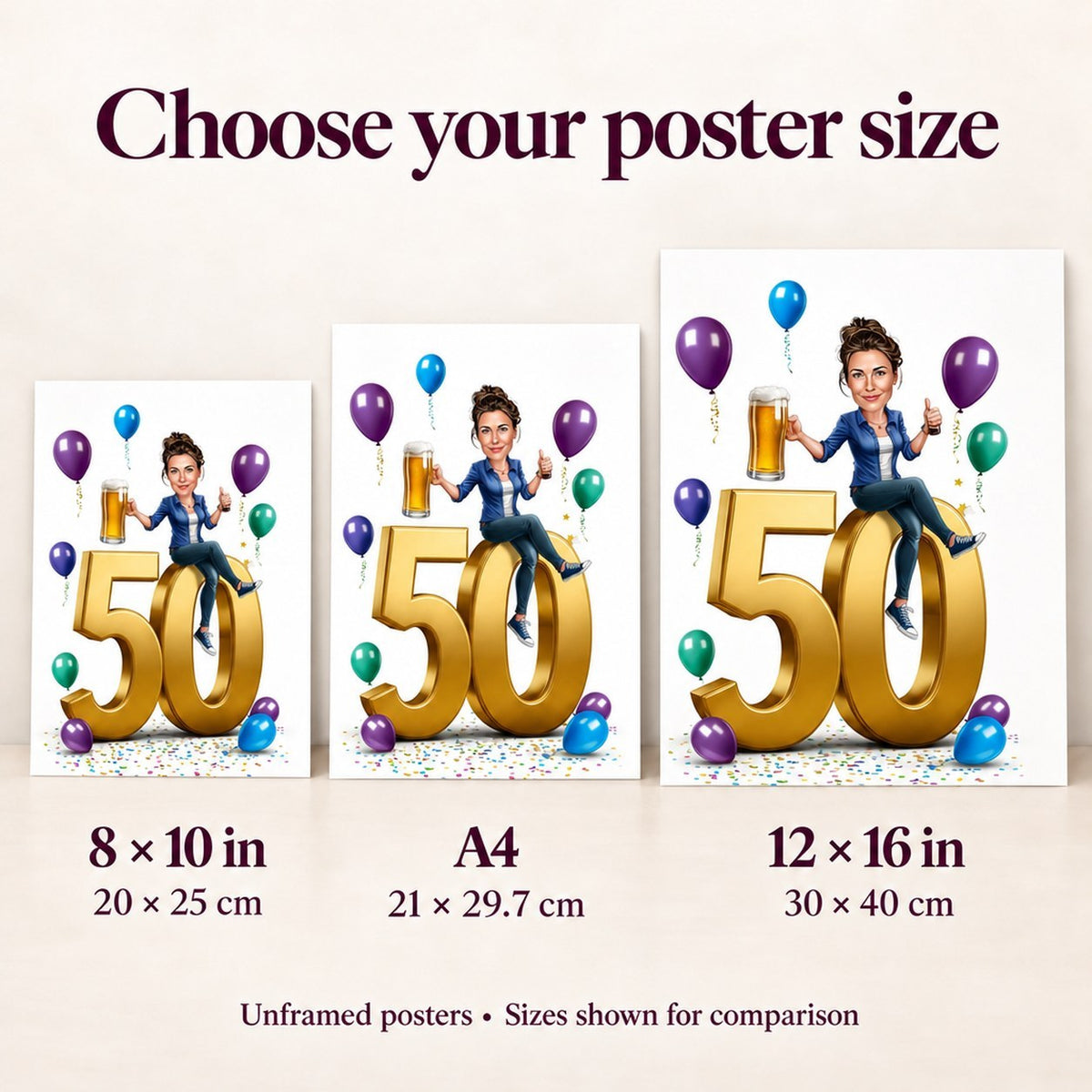 Poster size comparison in hands showing 8x10, A4, and 12x16 birthday artwork.