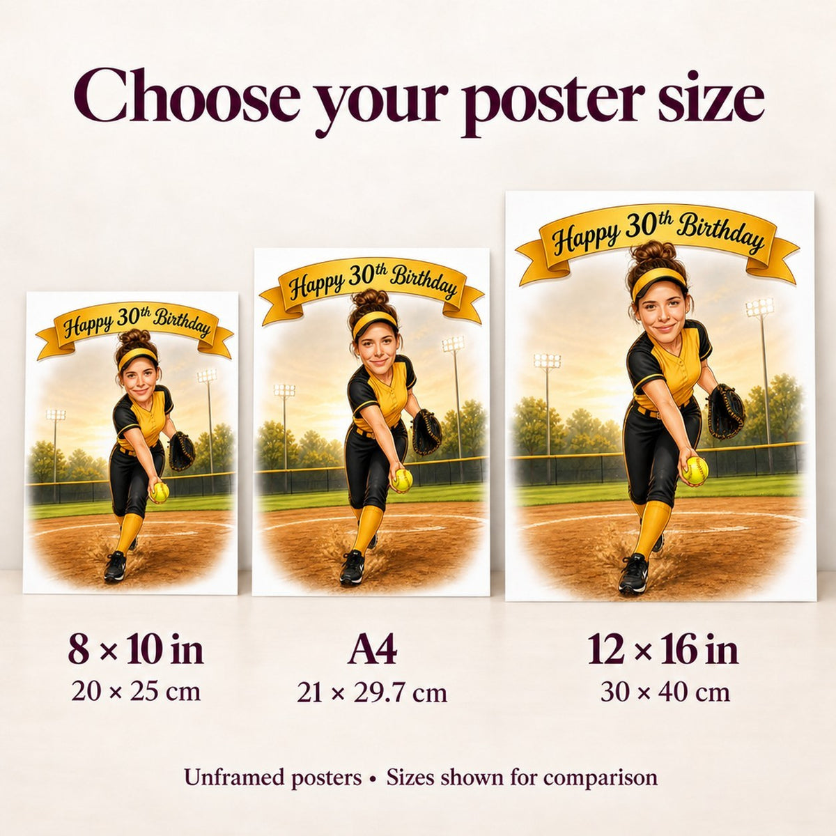 Size guide comparing softball caricature posters in 8x10, A4, and 12x16 inches.