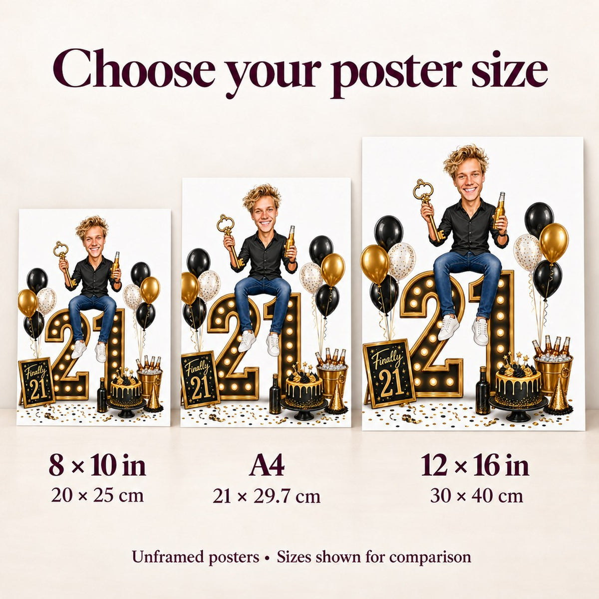8x10, A4, and 12x16 posters shown side-by-side for size comparison
