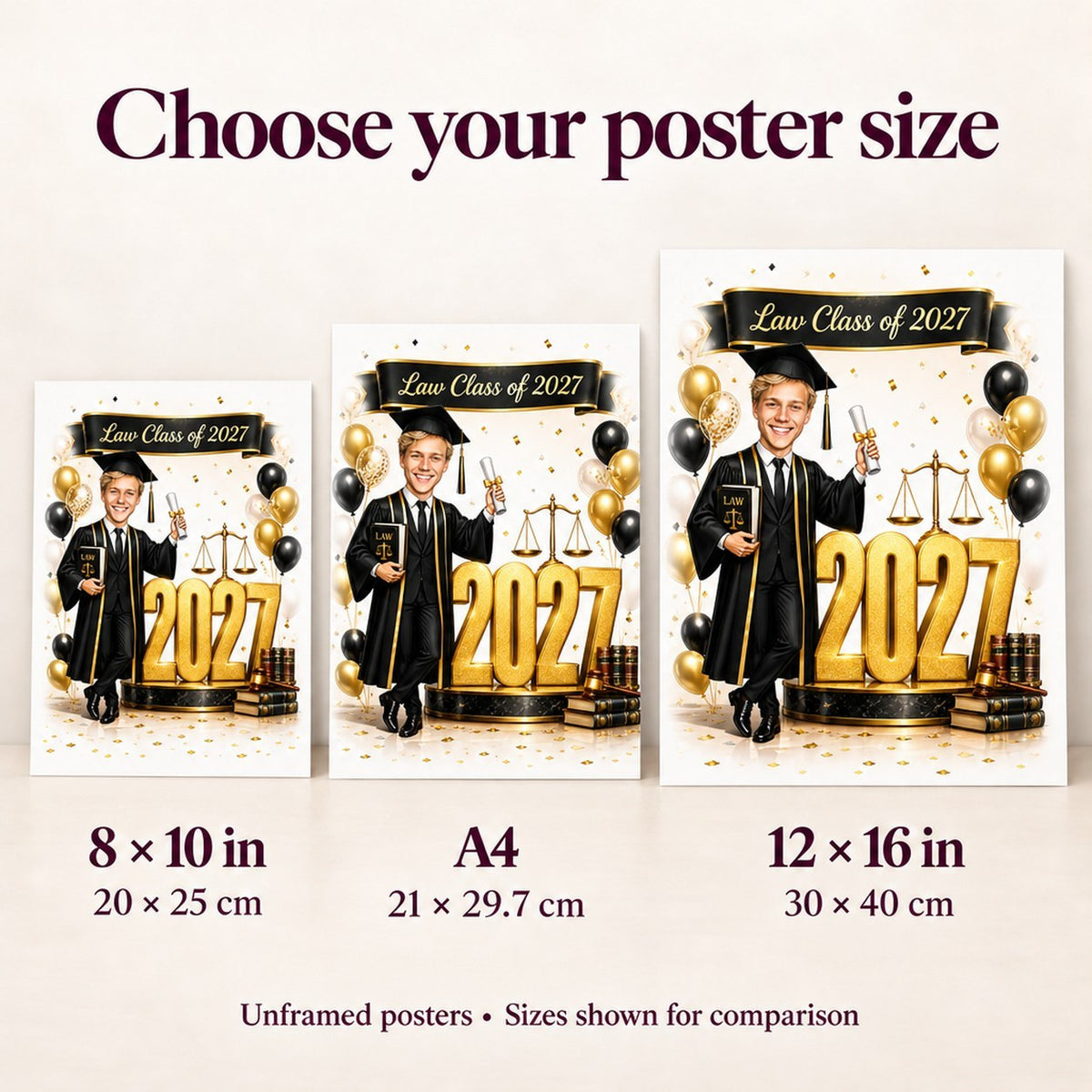 Poster sizes 8x10, A4, and 12x16 compared on wall next to silhouette.