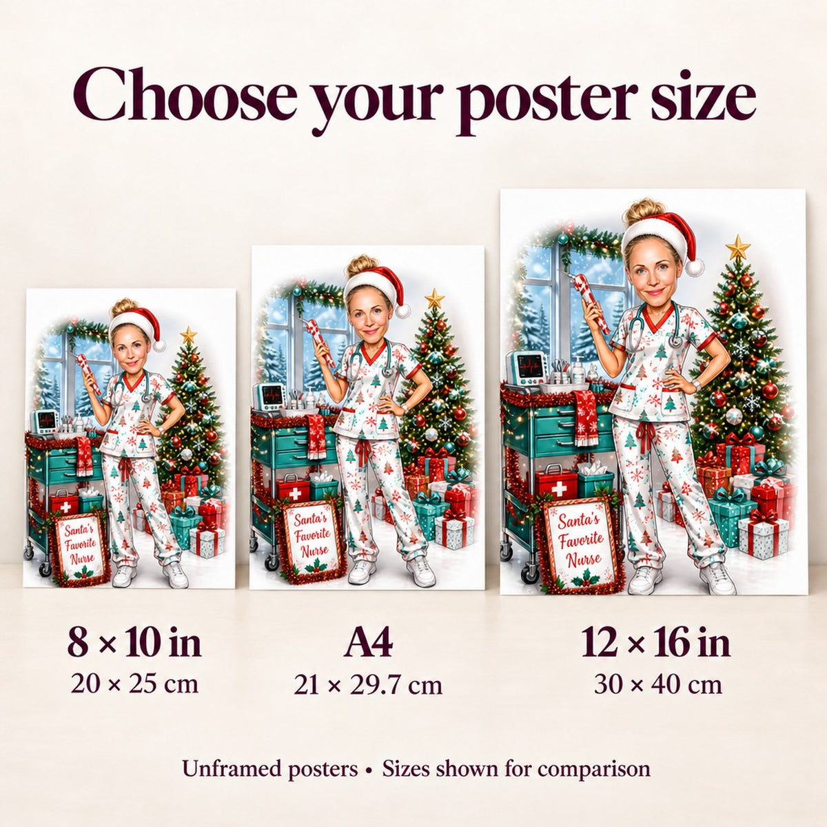 Wall display comparing 8x10, A4, and 12x16 poster print sizes.