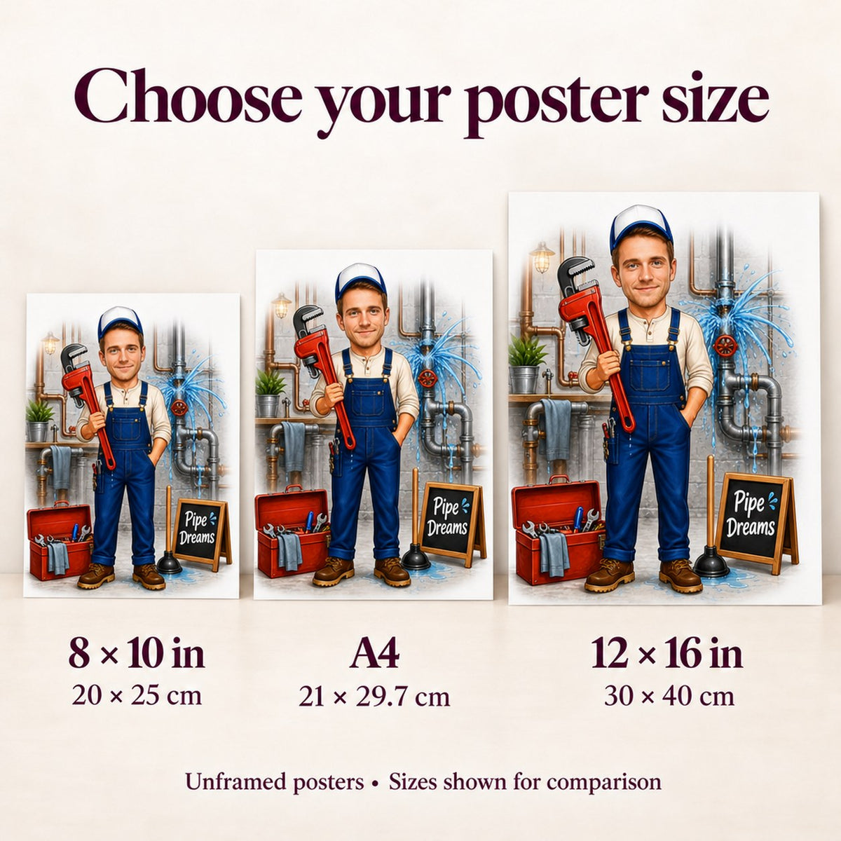 Poster sizes 8x10, A4, and 12x16 shown side by side on wall.