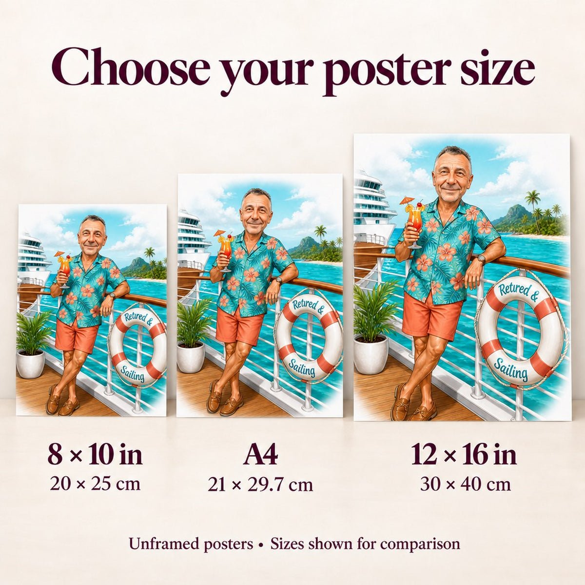 Poster sizes 8x10, A4, and 12x16 compared on wall for scale.