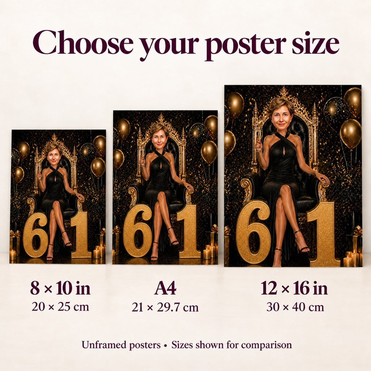 Poster size comparison showing 8x10, A4, and 12x16 prints on a wall.