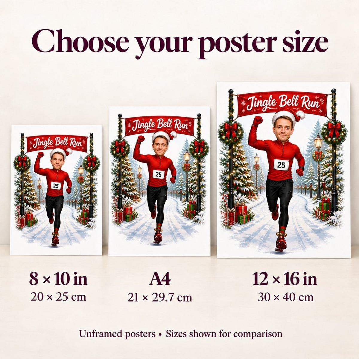 8x10, A4, and 12x16 posters shown side by side for scale