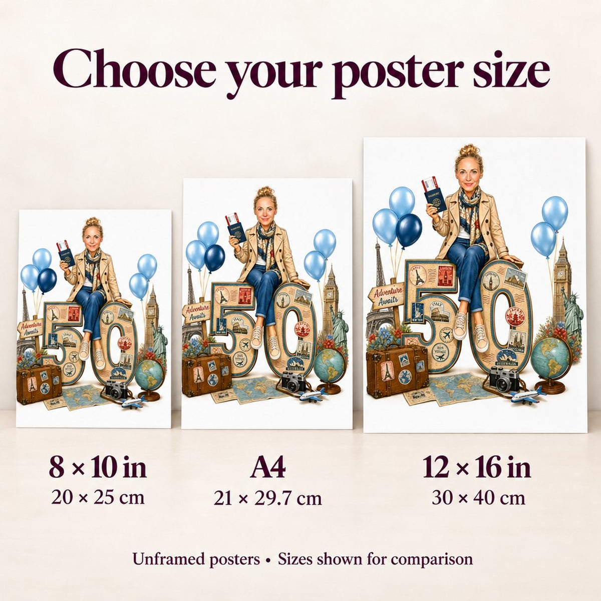Matte posters 8x10, A4, 12x16 inches shown side by side for scale