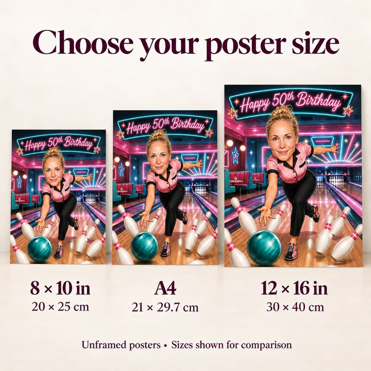Poster size comparison for 8x10, A4, and 12x16 bowling caricature prints