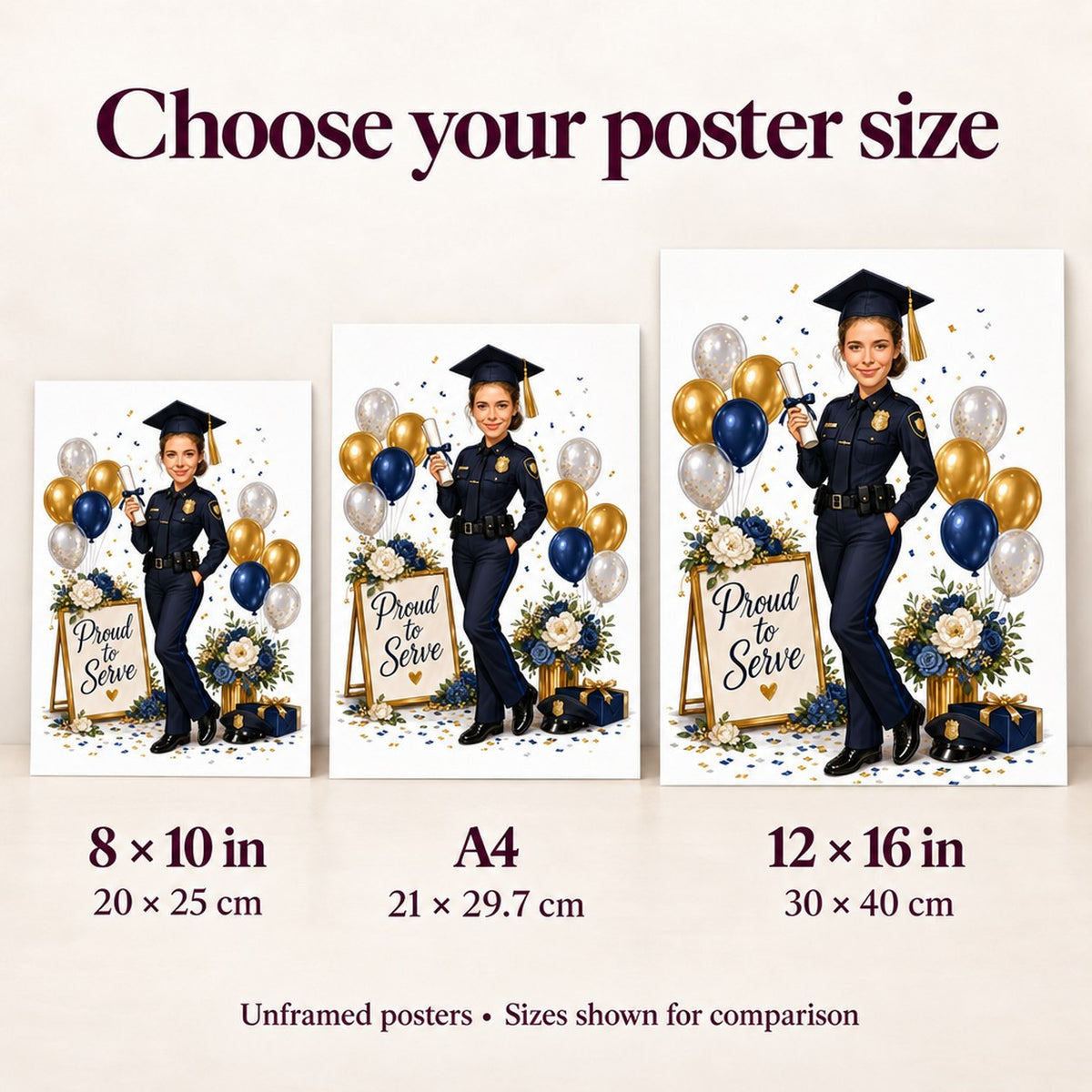Poster size comparison showing 8x10, A4, and 12x16 on wall