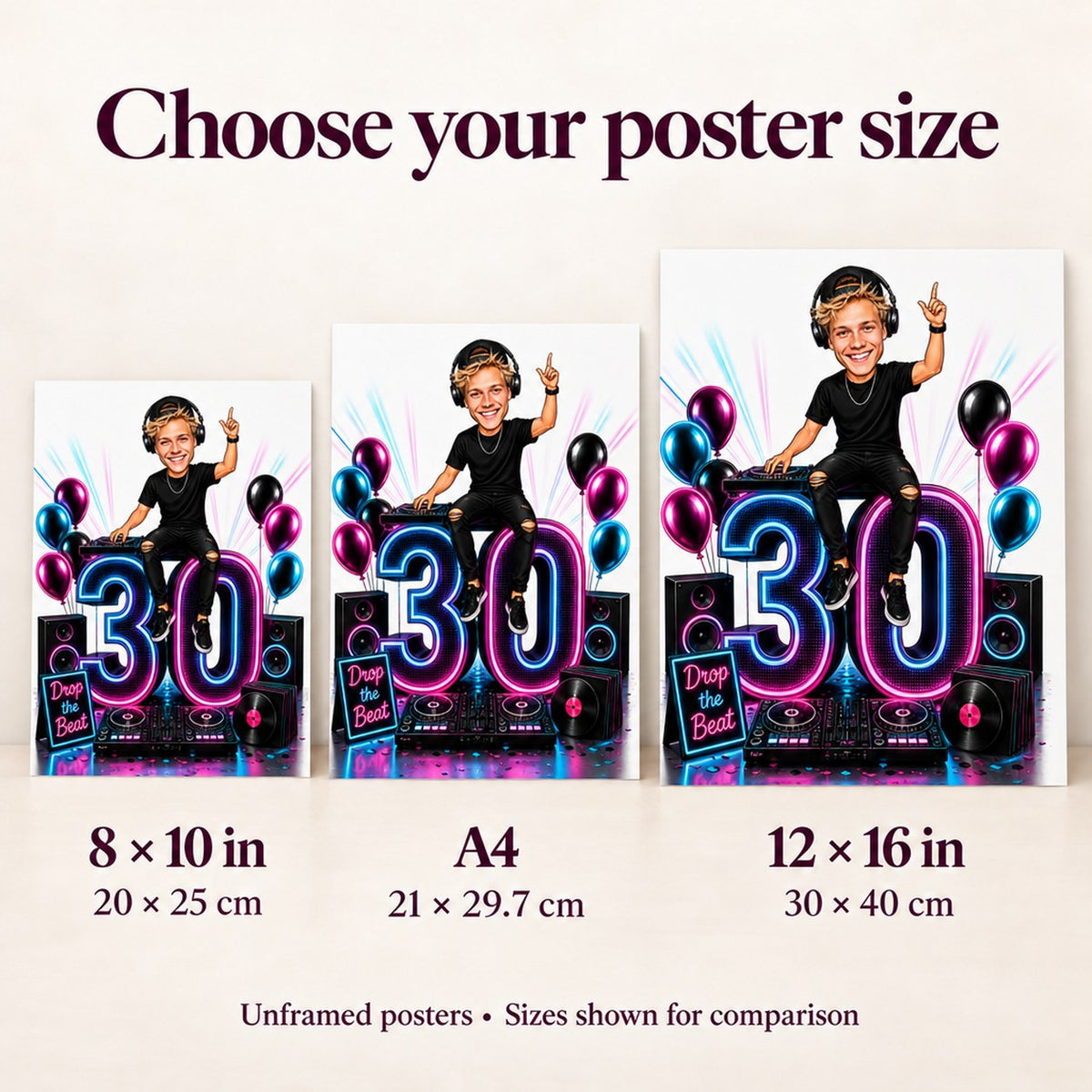 Poster size comparison showing 8x10, A4 and 12x16 against a wall.