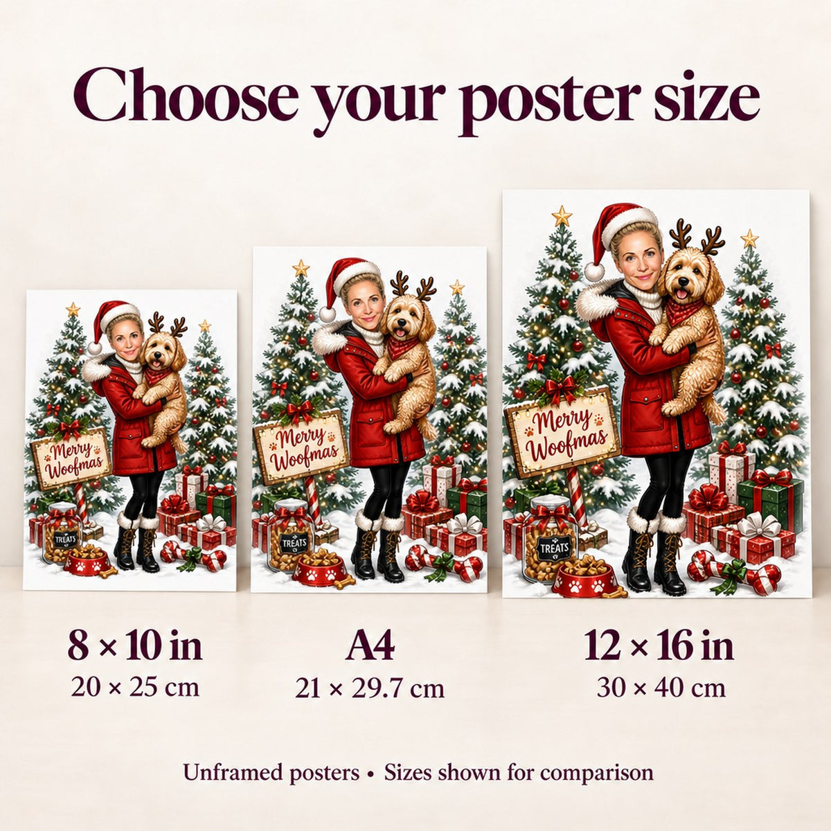 Poster size comparison showing 8x10, A4, and 12x16 inches on a wall