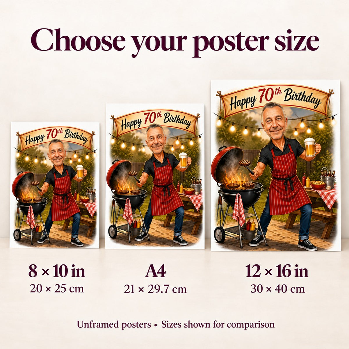 Posters shown in 8x10, A4, and 12x16 inches beside a person for scale.
