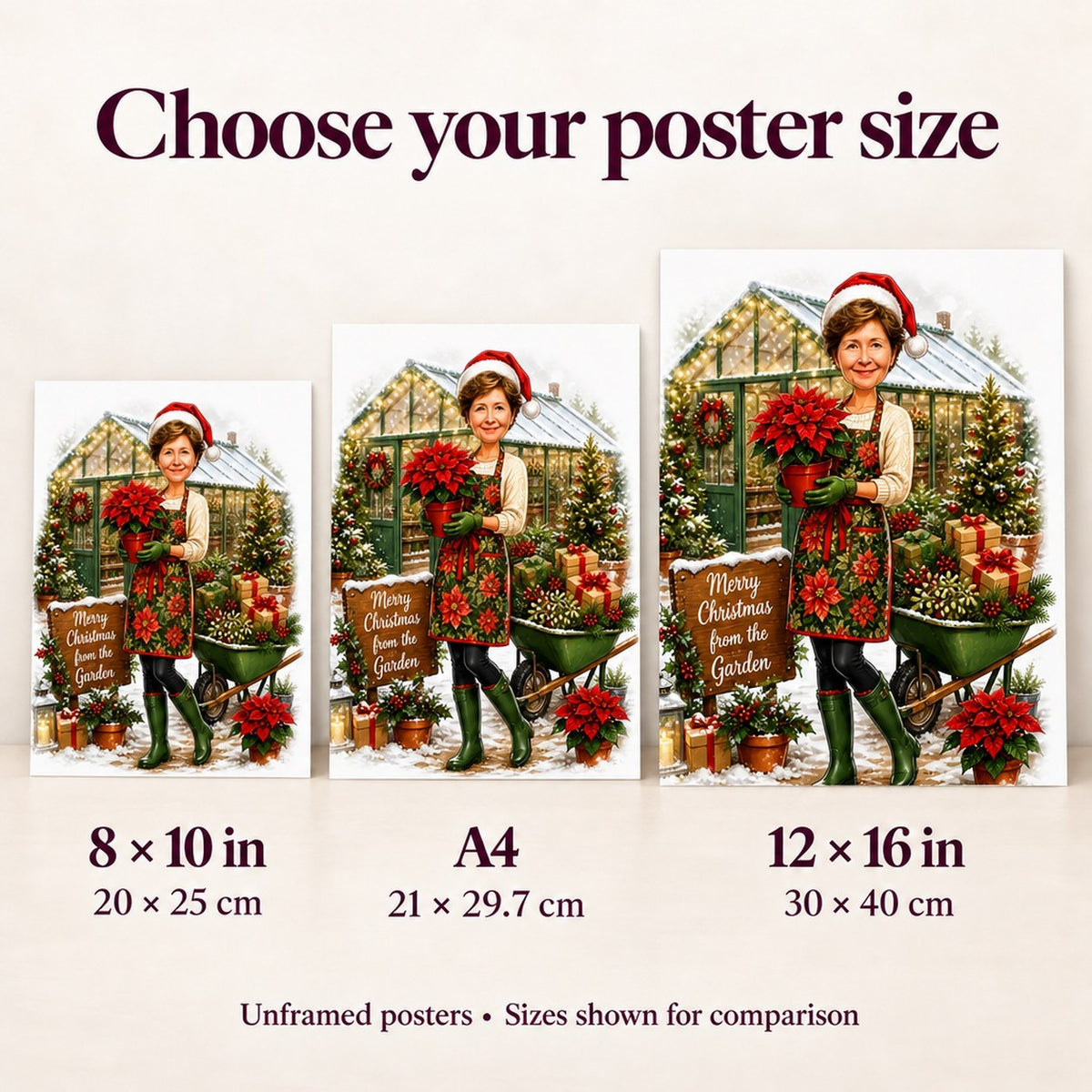 Poster size comparison showing 8x10, A4, and 12x16 inches on a wall.