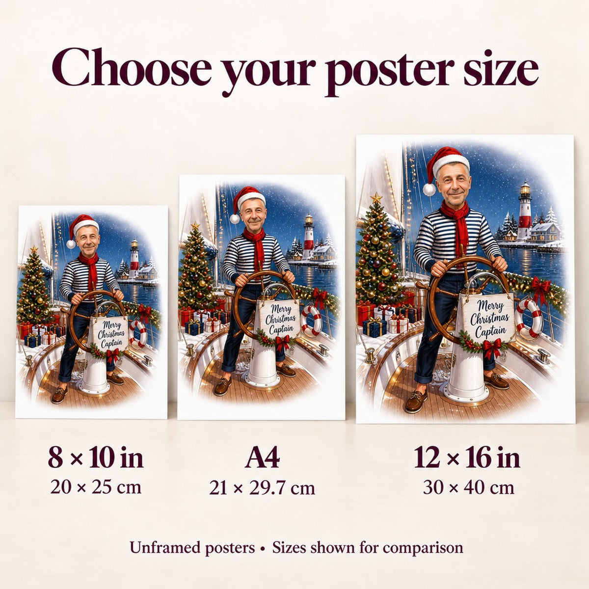 Poster size guide showing 8x10, A4, and 12x16 prints compared to a living room wall.