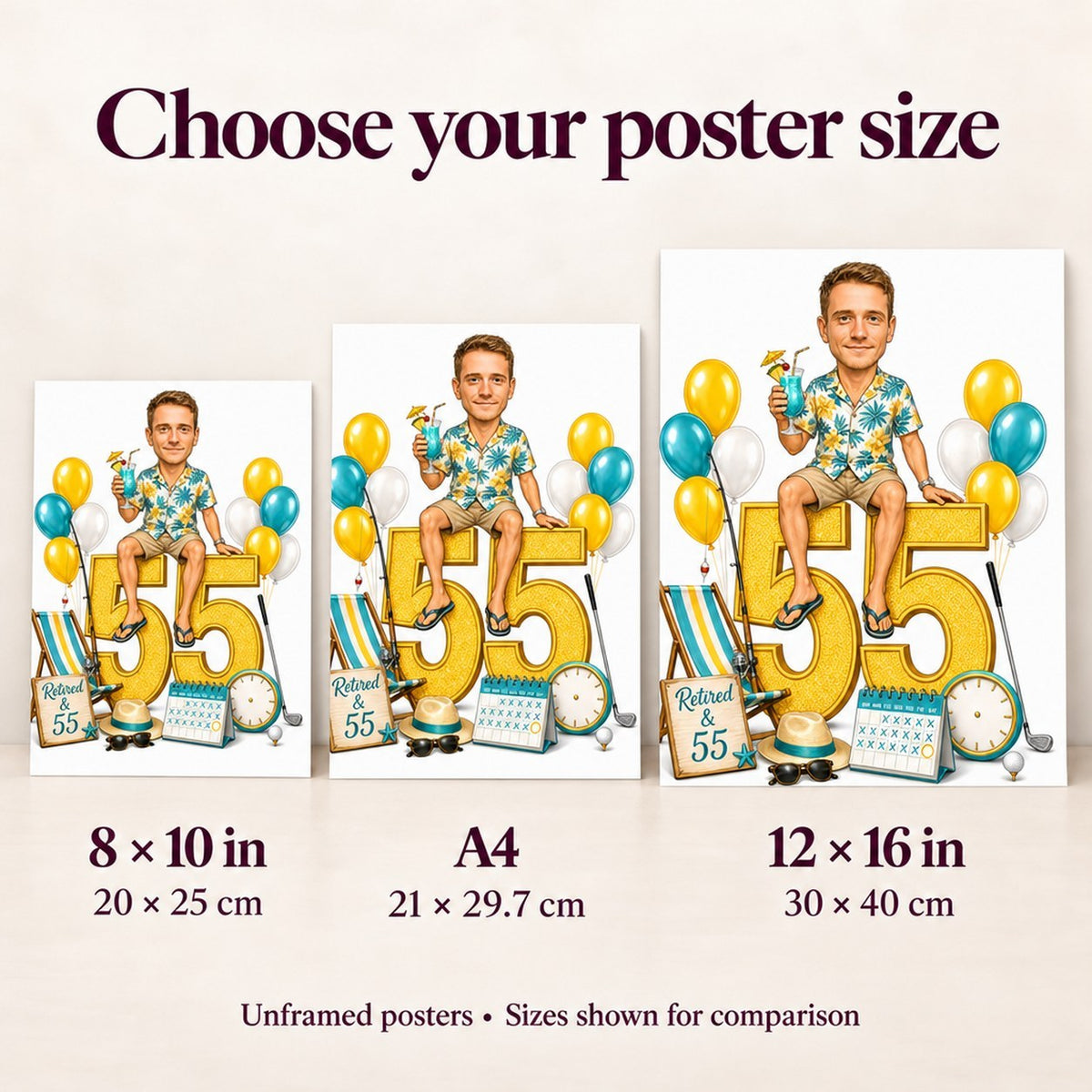 Poster size comparison with 8x10, A4, and 12x16 inches on wall