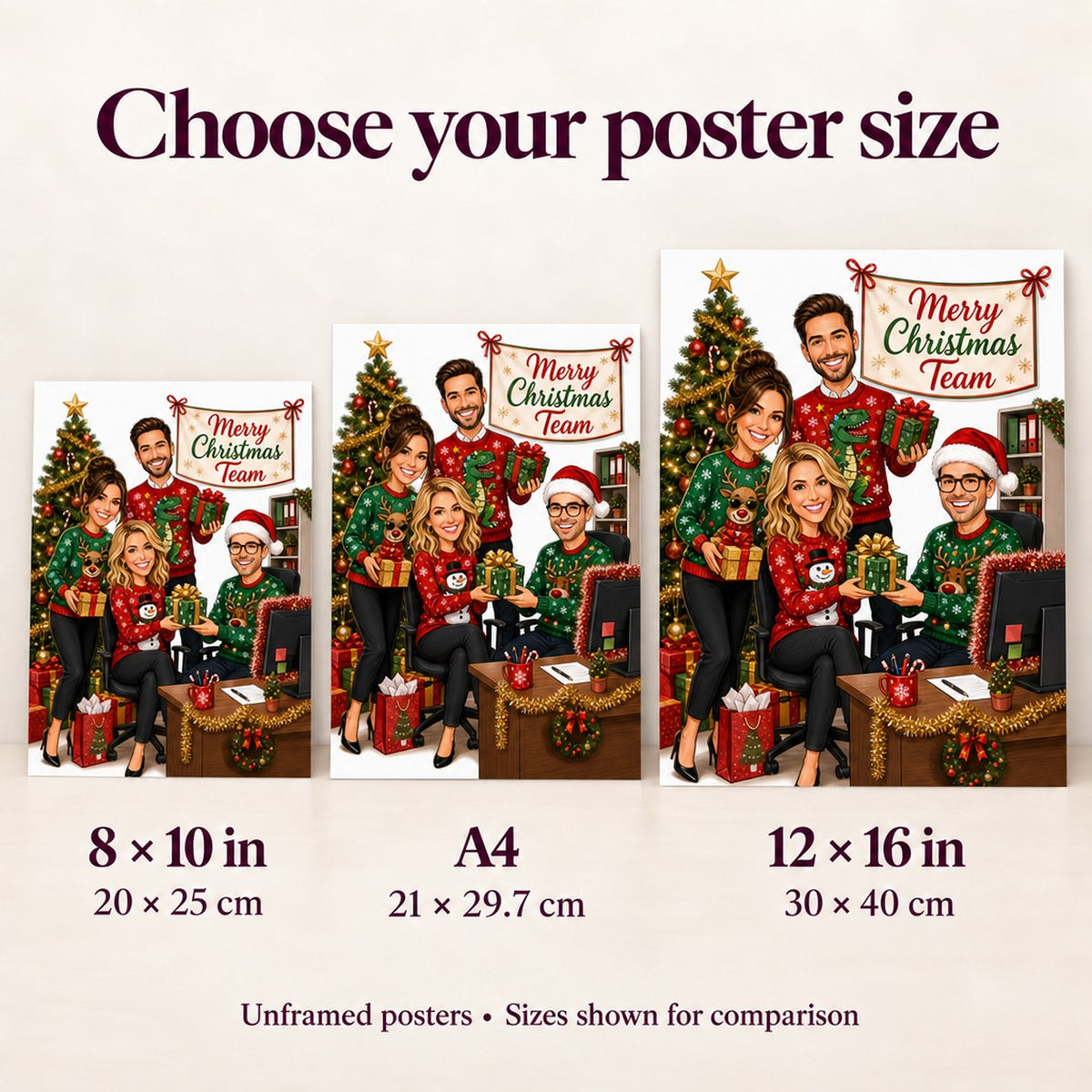 Poster sizes 8x10, A4 and 12x16 inches compared side by side