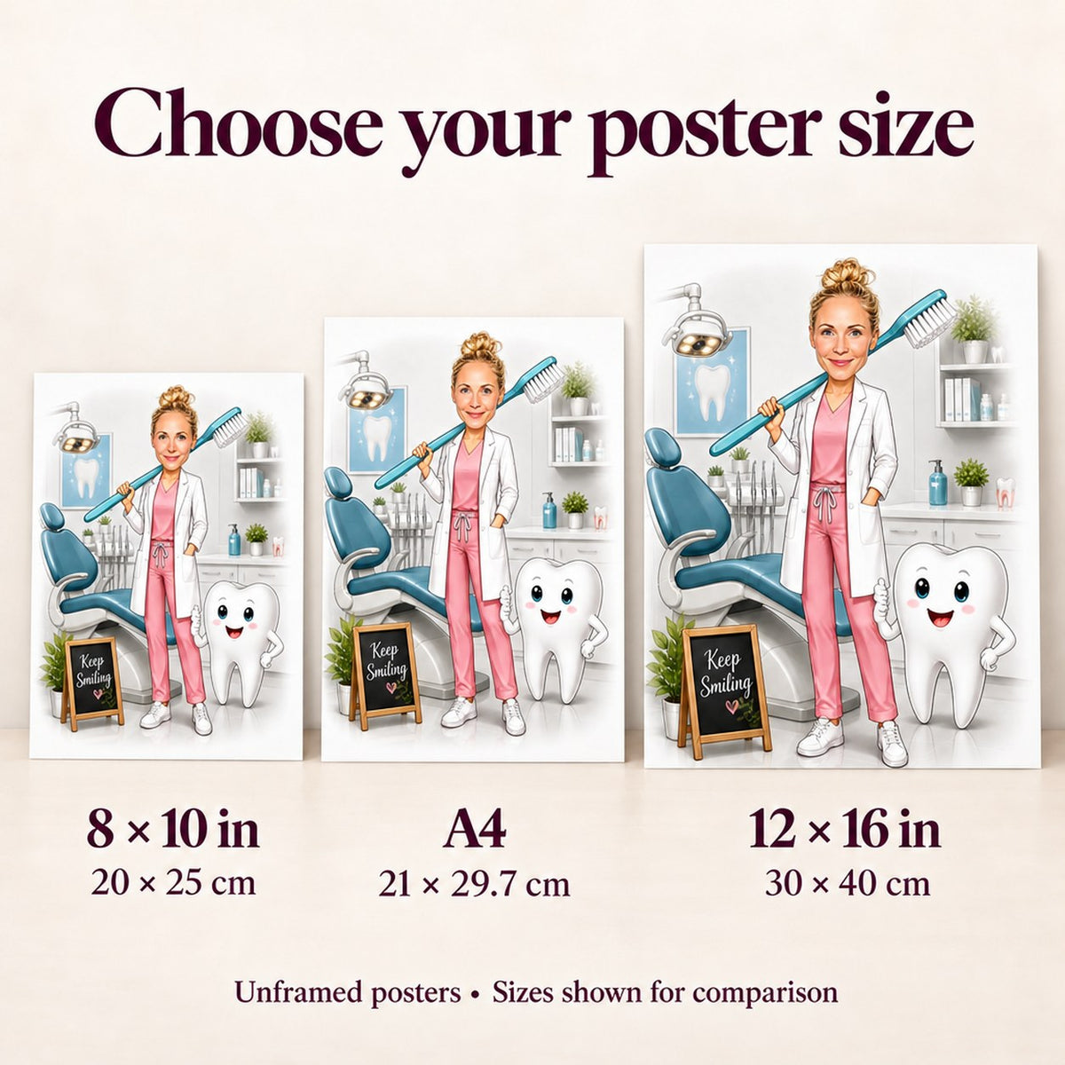 Poster size comparison showing 8x10, A4, and 12x16 inches on wall.