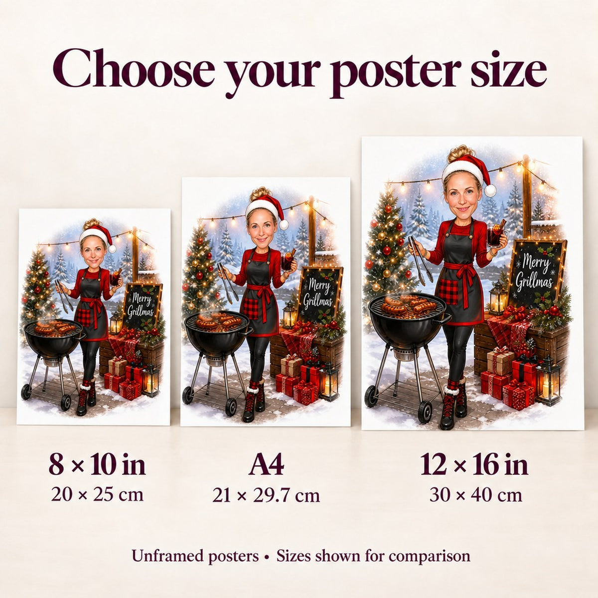 Poster sizes 8x10, A4, and 12x16 shown for scale on wall.
