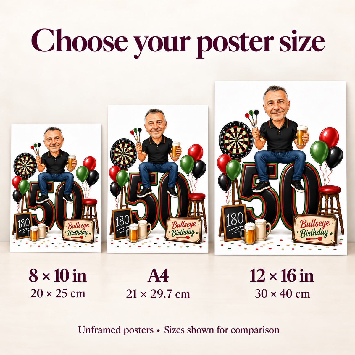 Poster size comparison showing 8x10, A4, and 12x16 inches on a wall.